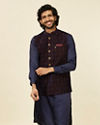 Dark Blue Self Textured Nehru Jacket